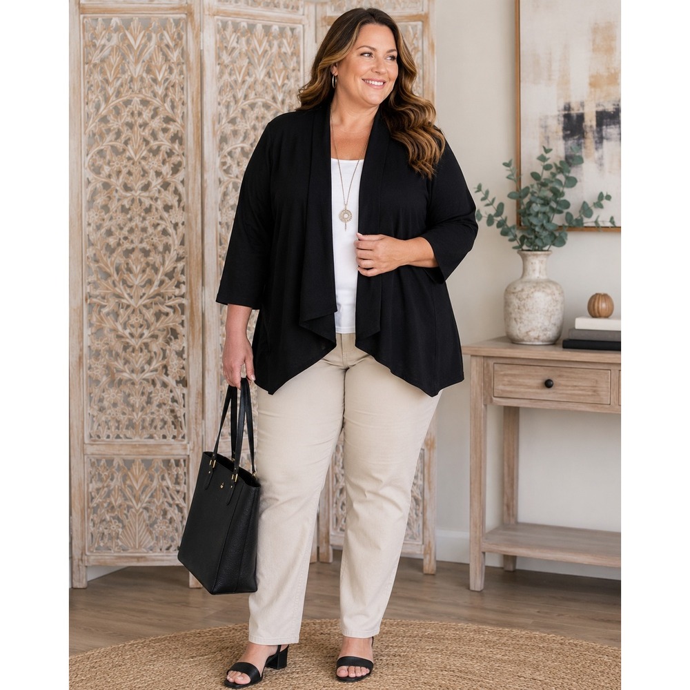 Christopher & Banks Black Linen Blend Open Front Blazer XL Petite 3/4 Sleeve